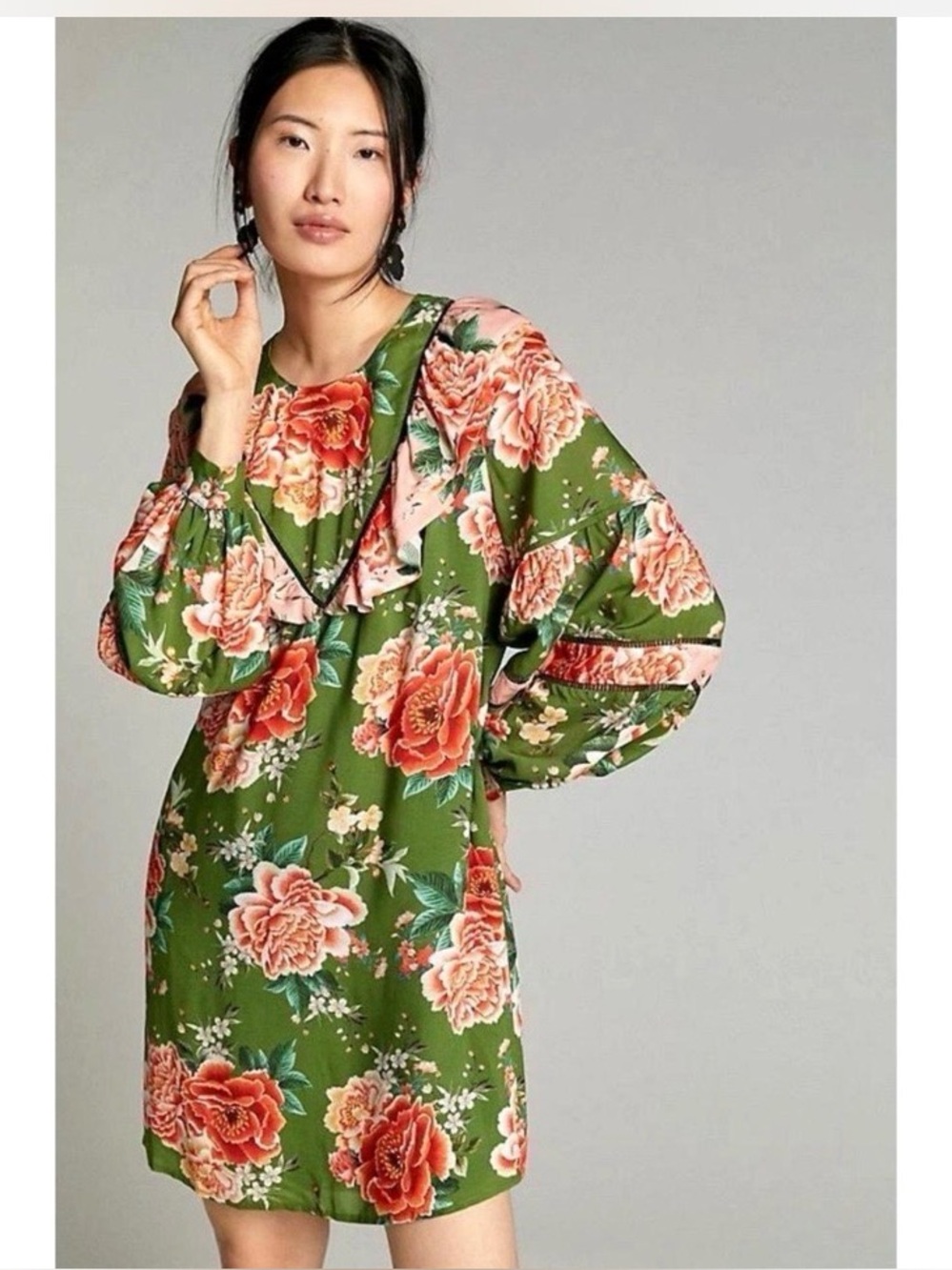 FARM RIO XS Elionor tunic dress Green Floral with Pink Accents